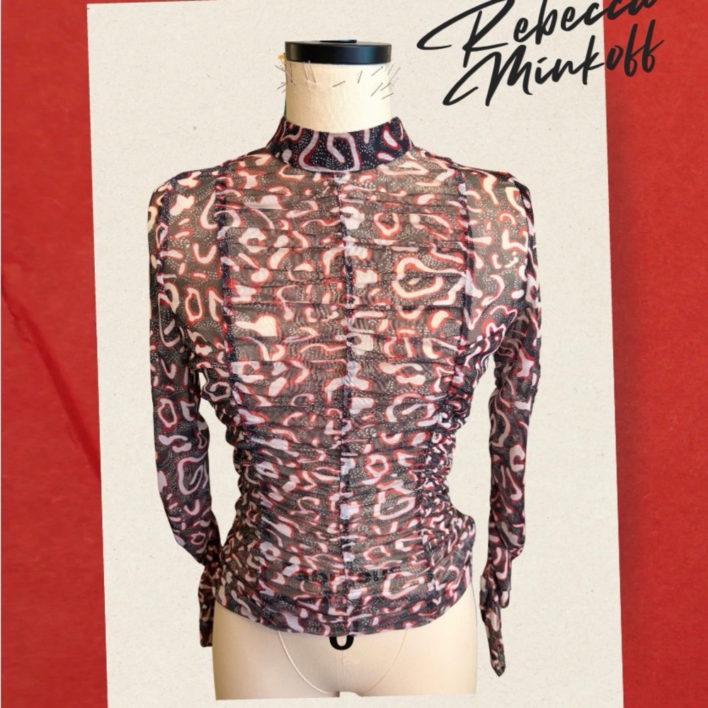 Rebecca Minkoff Black & Red Ruched Mesh Long-Sleeve Top